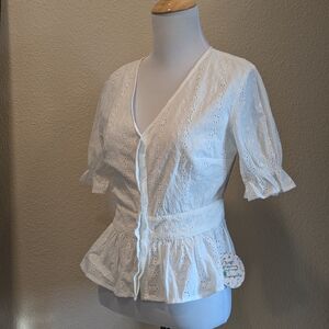 Timeless London “Jolene” White Eyelet Peplum Blouse XS